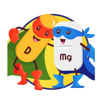 Illustration of vitamin D and magnesium supplement superheroes