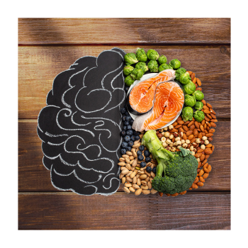 Image of vegetables, nuts, and fish arranged in the shape of a brain