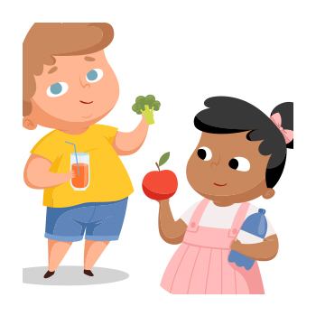 Illustrations of two children eating fruit and vegetables