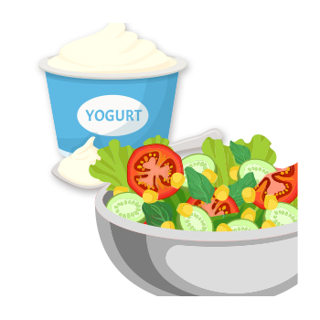 Illustration of a yogurt and a bowl of vegetables