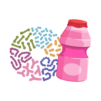 Illustration of a bottle of probiotics and microbes