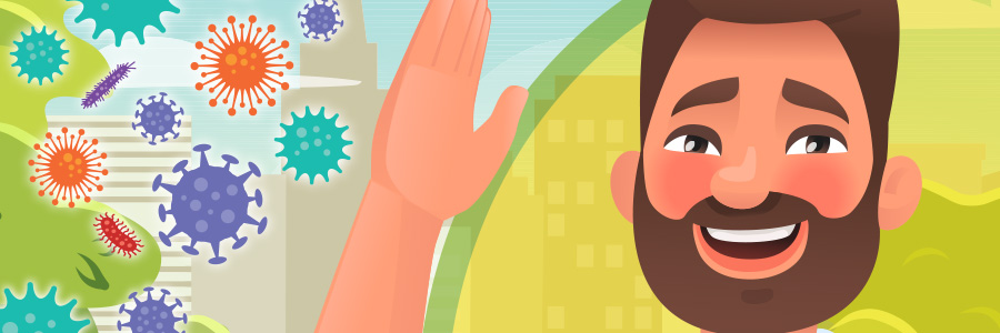 Illustration of person waving away virus microbes