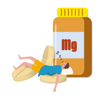 Illustration of a person sleeping and magnesium supplements