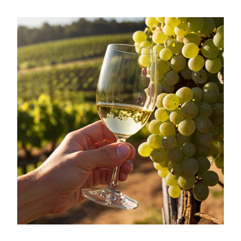 Image of a person holding a glass of wine next to grapes in a vineyard