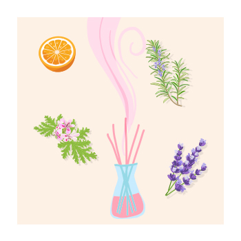 Illustration of a diffuser with citrus, lavender, rosemary, and rose geranium