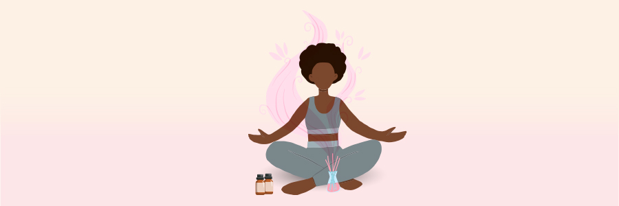 Illustration of a person sitting and meditating with a diffuser and essential oils