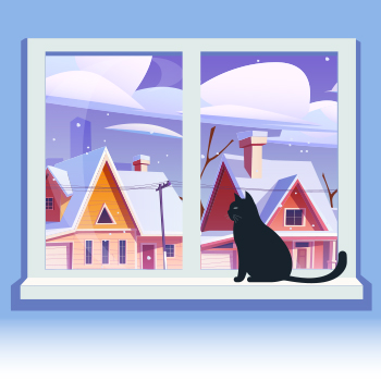 Illustration of a black cat looking outside a window