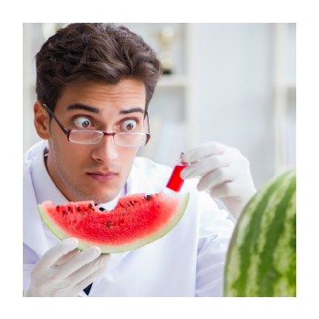 Image of a person holding a slice of watermelon and a test tube