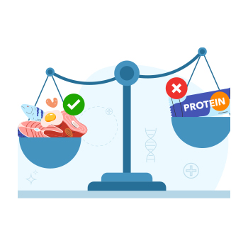 Illustration of complete protein sources outweighing a protein bar on a scale