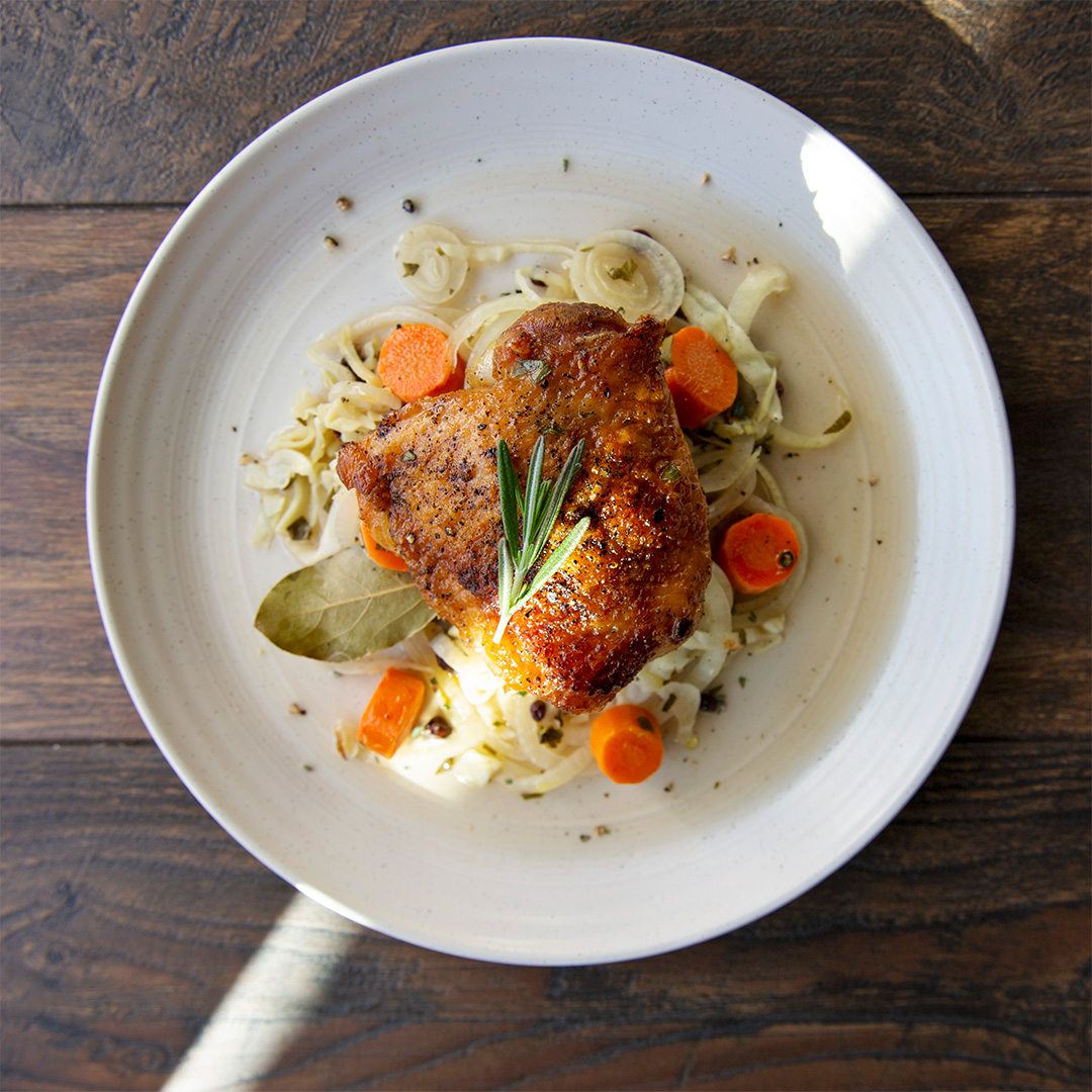 Cider-Braised Chicken and Cabbage Served with Balsamic Green Beans