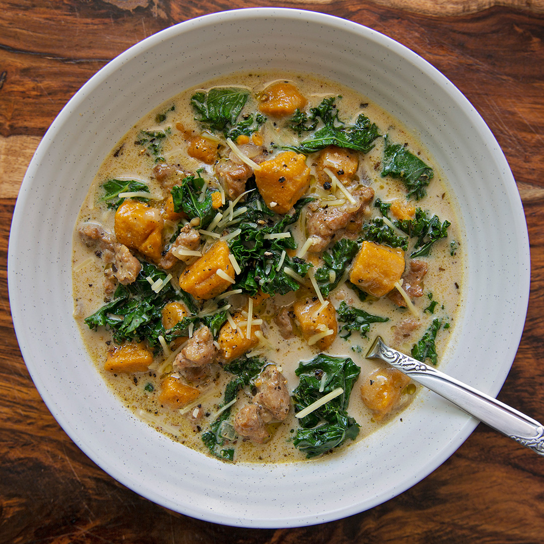 Creamy Sausage, Kale, and Gnocchi Soup Served with a Simple Salad